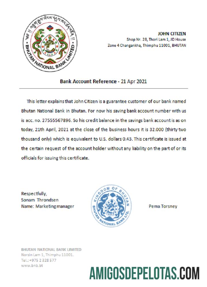 Referência do Banco Nacional do Butão exemplo real